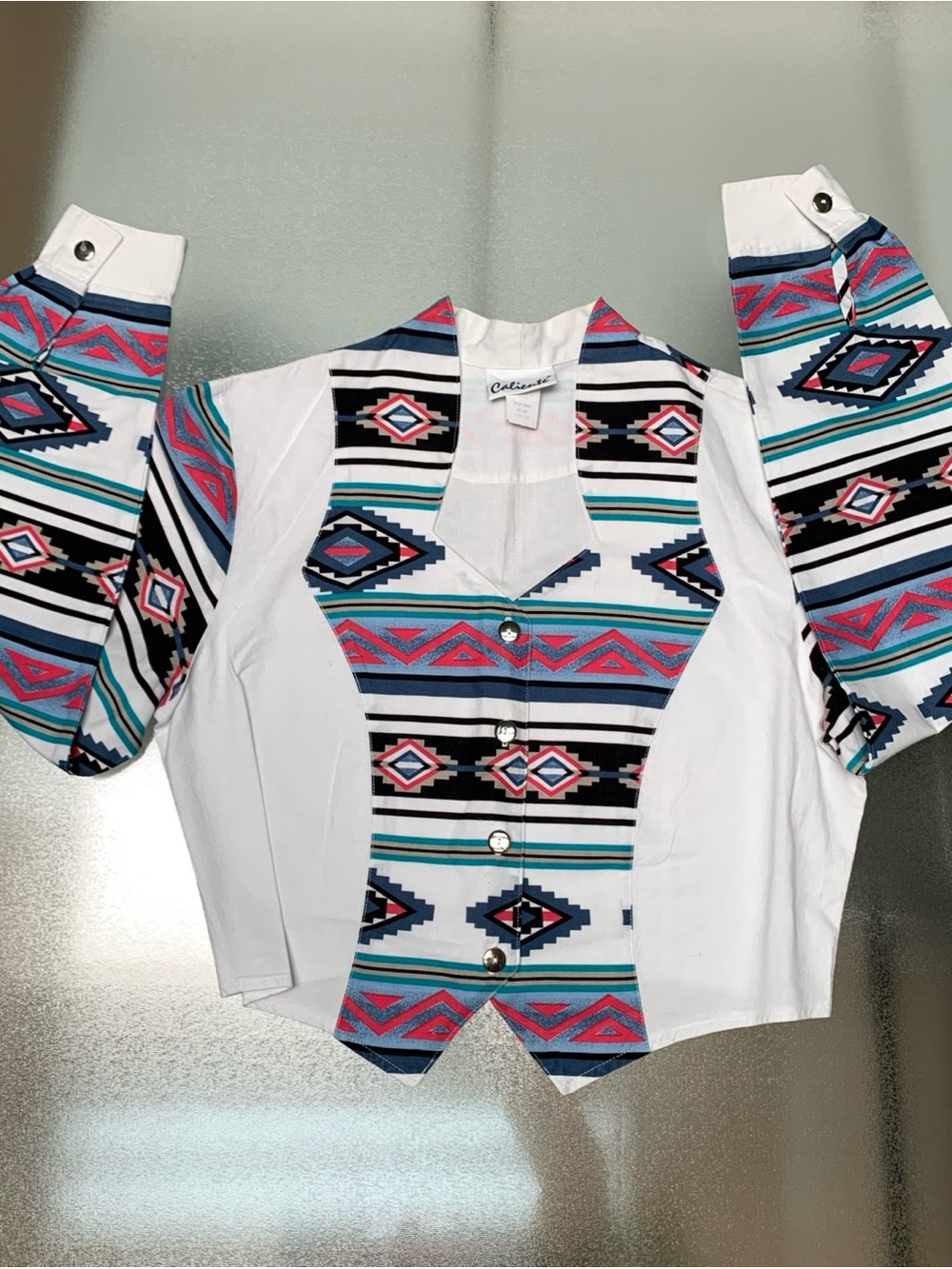 White Button-Down Shirt with Aztec Stripe Panels - White/Pink/Blue